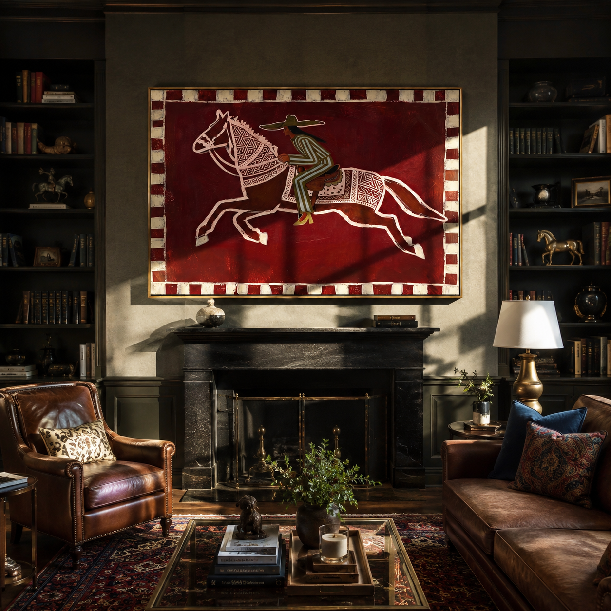 The Patterned Rider Crosses the Burgundy Field - running horse rider painting by Isabelle Laurent, modern Western horizontal wall art – styled room scene view 3
