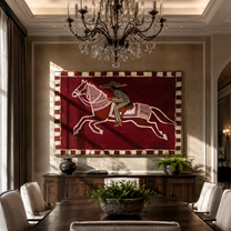 The Patterned Rider Crosses the Burgundy Field - running horse rider painting by Isabelle Laurent, modern Western horizontal wall art – styled room scene view 4
