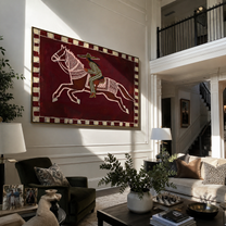 The Patterned Rider Crosses the Burgundy Field - running horse rider painting by Isabelle Laurent, modern Western horizontal wall art – styled room scene view 5