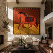 Red Horse Carries the Midnight Stripes - striped red horse painting by Isabelle Laurent, modern Western square wall art – styled room scene view 1