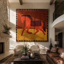 Red Horse Carries the Midnight Stripes - striped red horse painting by Isabelle Laurent, modern Western square wall art – styled room scene view 1