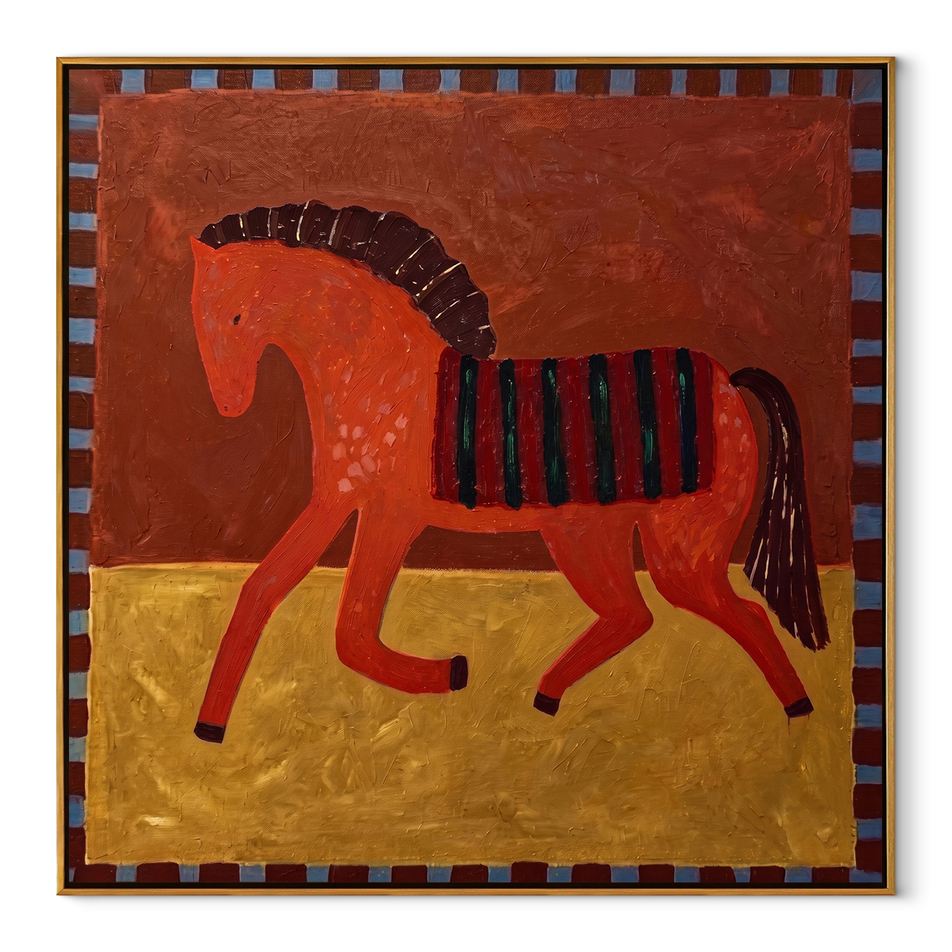 Red Horse Carries the Midnight Stripes - striped red horse painting by Isabelle Laurent, modern Western square wall art – wood frame on white background