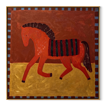 Red Horse Carries the Midnight Stripes - striped red horse painting by Isabelle Laurent, modern Western square wall art – wood frame on white background
