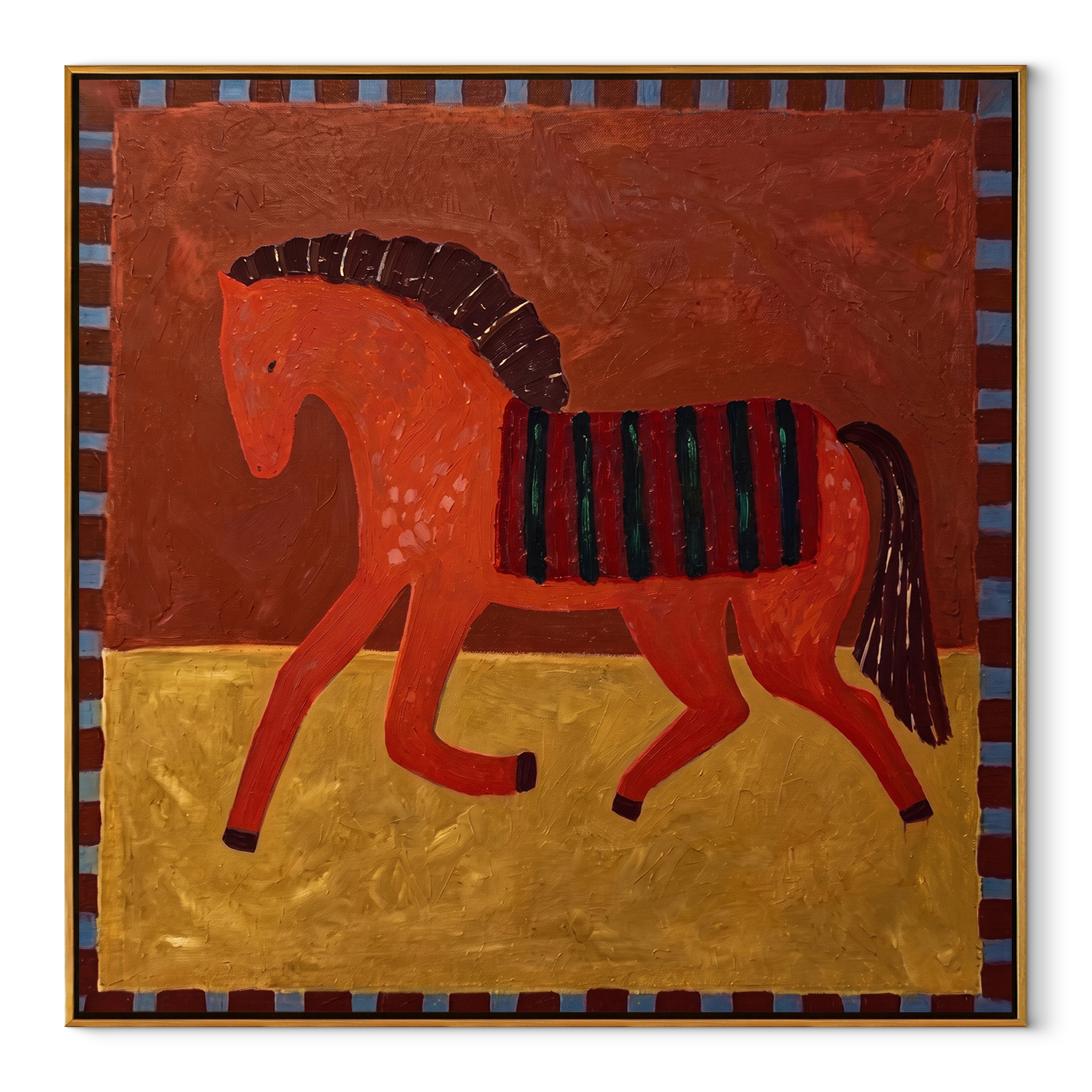 Red Horse Carries the Midnight Stripes - striped red horse painting by Isabelle Laurent, modern Western square wall art – wood frame on white background