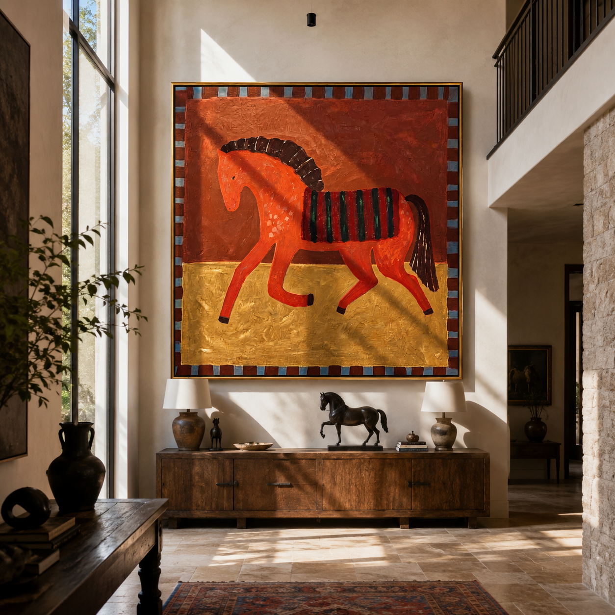 Red Horse Carries the Midnight Stripes - striped red horse painting by Isabelle Laurent, modern Western square wall art – styled room scene view 2