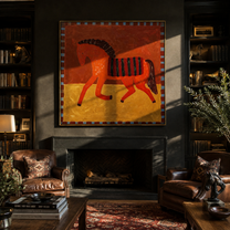 Red Horse Carries the Midnight Stripes - striped red horse painting by Isabelle Laurent, modern Western square wall art – styled room scene view 3