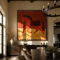 Red Horse Carries the Midnight Stripes - striped red horse painting by Isabelle Laurent, modern Western square wall art – styled room scene view 4