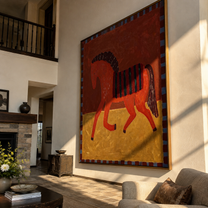 Red Horse Carries the Midnight Stripes - striped red horse painting by Isabelle Laurent, modern Western square wall art – styled room scene view 5