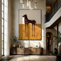 White Spots Drift across the Brown Horse - spotted brown horse painting by Isabelle Laurent, modern Western vertical wall art – styled room scene view 1