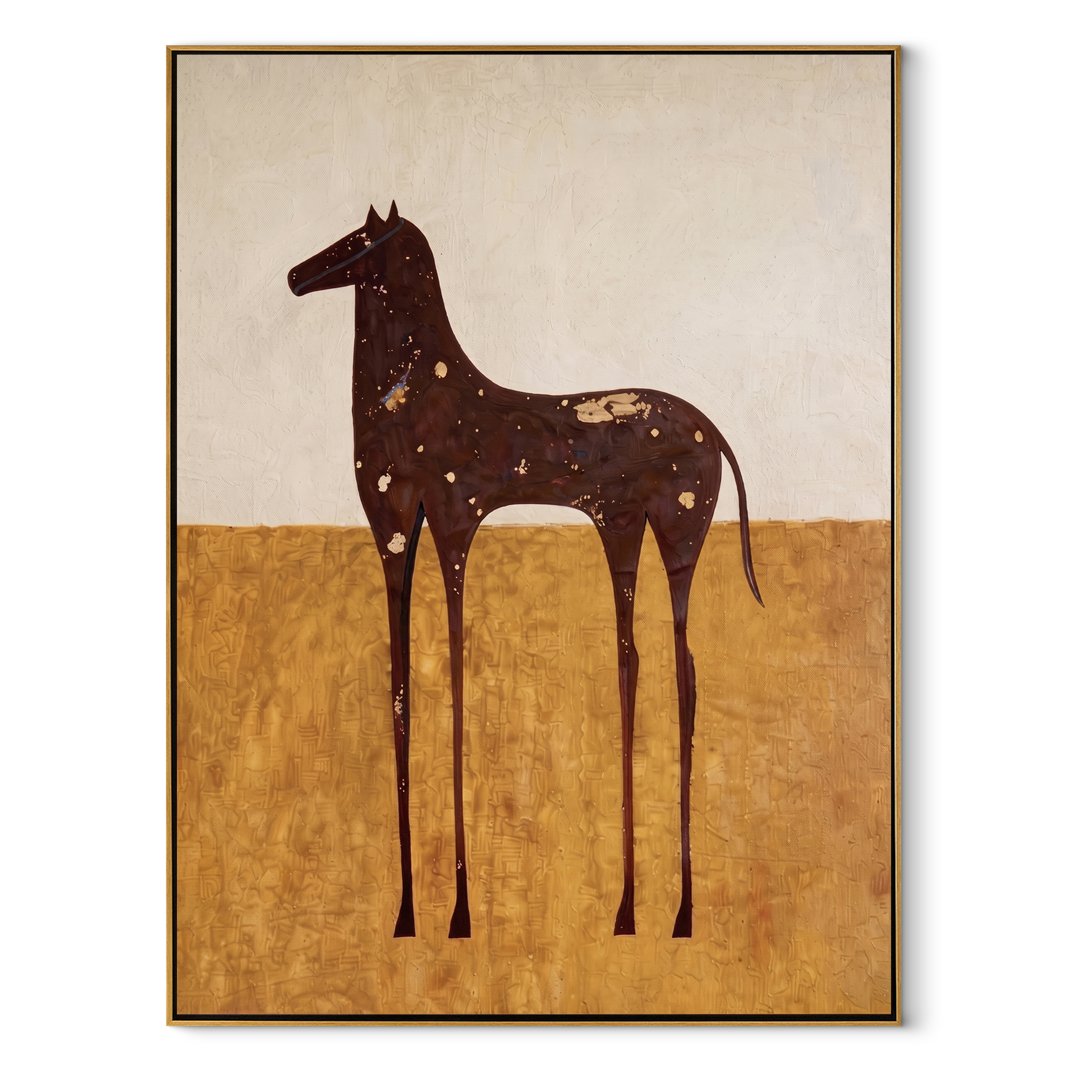White Spots Drift across the Brown Horse - spotted brown horse painting by Isabelle Laurent, modern Western vertical wall art – wood frame on white background