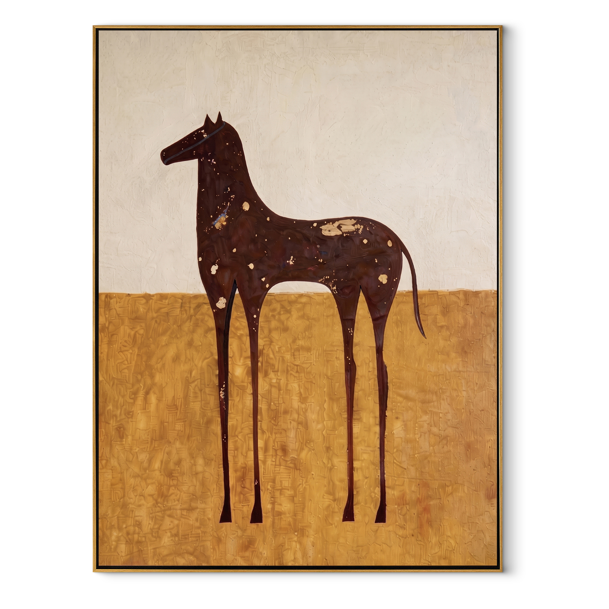 White Spots Drift across the Brown Horse - spotted brown horse painting by Isabelle Laurent, modern Western vertical wall art – wood frame on white background