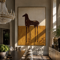White Spots Drift across the Brown Horse - spotted brown horse painting by Isabelle Laurent, modern Western vertical wall art – styled room scene view 2