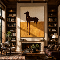 White Spots Drift across the Brown Horse - spotted brown horse painting by Isabelle Laurent, modern Western vertical wall art – styled room scene view 3