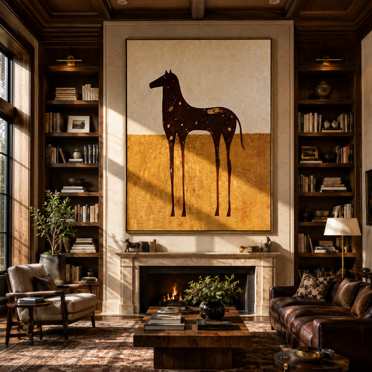 White Spots Drift across the Brown Horse - spotted brown horse painting by Isabelle Laurent, modern Western vertical wall art – styled room scene view 3