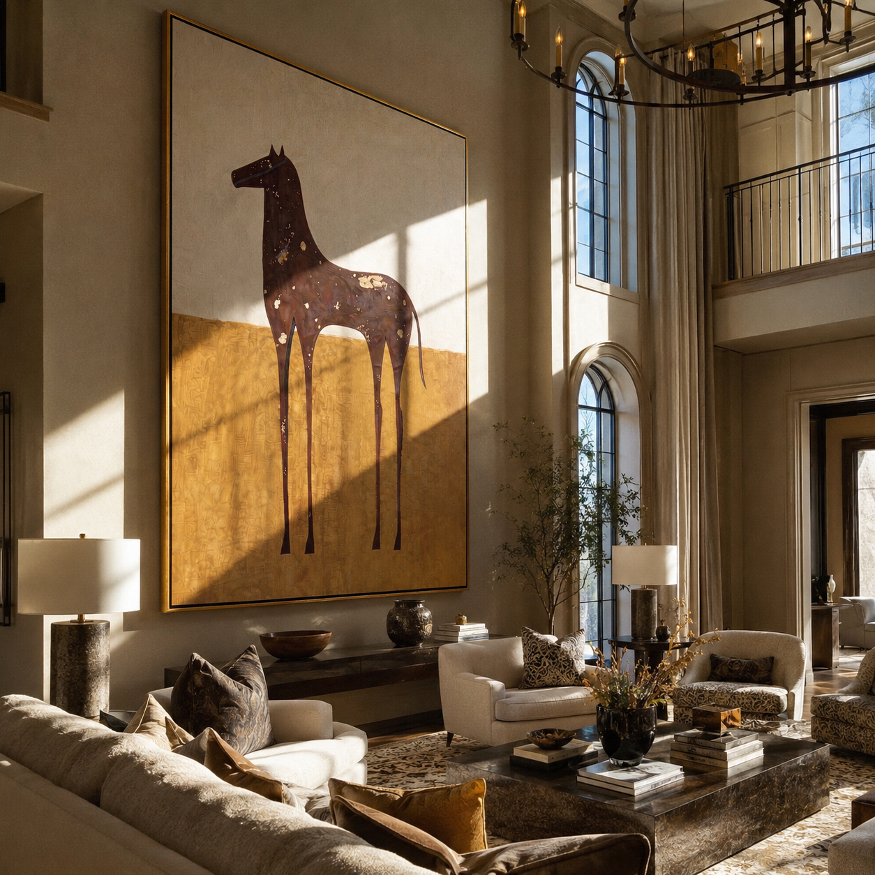 White Spots Drift across the Brown Horse - spotted brown horse painting by Isabelle Laurent, modern Western vertical wall art – styled room scene view 4
