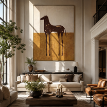 White Spots Drift across the Brown Horse - spotted brown horse painting by Isabelle Laurent, modern Western vertical wall art – styled room scene view 5