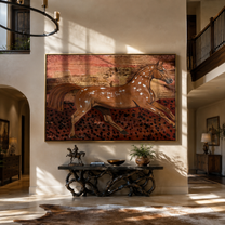 Chestnut Horse Runs through the Painted Dust - expressive running horse painting by Isabelle Laurent, modern Western horizontal wall art – styled room scene view 1
