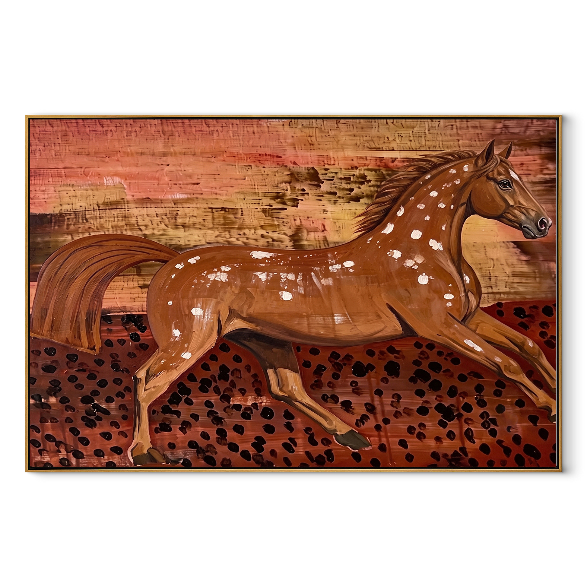 Chestnut Horse Runs through the Painted Dust - expressive running horse painting by Isabelle Laurent, modern Western horizontal wall art – wood frame on white background
