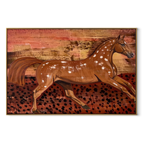 Chestnut Horse Runs through the Painted Dust - expressive running horse painting by Isabelle Laurent, modern Western horizontal wall art – wood frame on white background