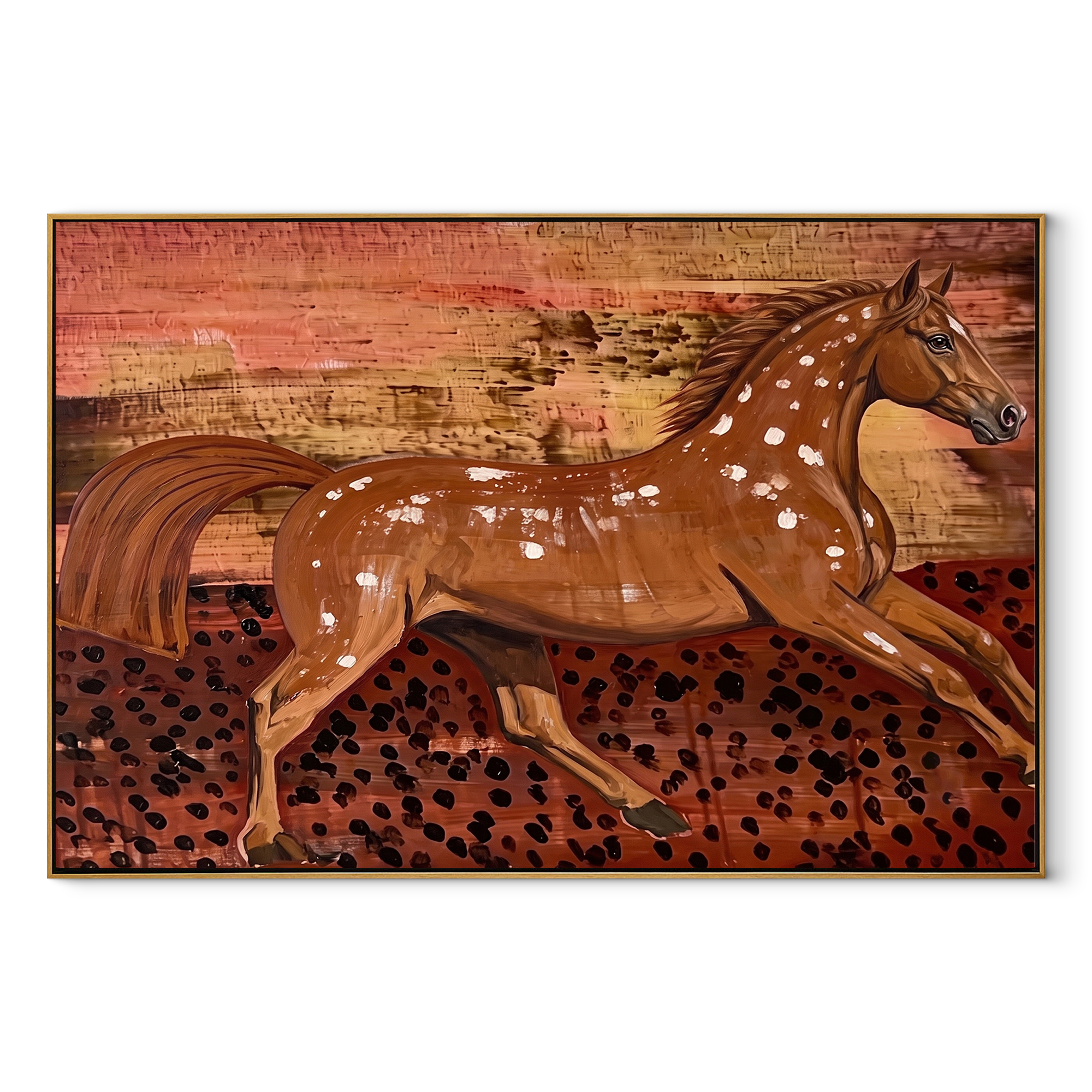 Chestnut Horse Runs through the Painted Dust - expressive running horse painting by Isabelle Laurent, modern Western horizontal wall art – wood frame on white background