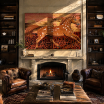Chestnut Horse Runs through the Painted Dust - expressive running horse painting by Isabelle Laurent, modern Western horizontal wall art – styled room scene view 2