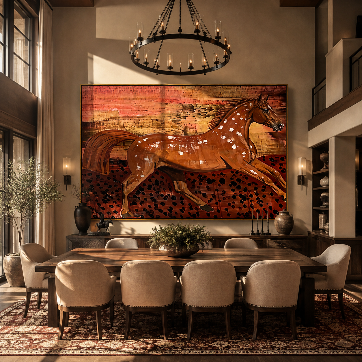 Chestnut Horse Runs through the Painted Dust - expressive running horse painting by Isabelle Laurent, modern Western horizontal wall art – styled room scene view 3