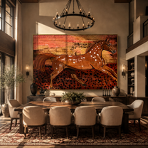 Chestnut Horse Runs through the Painted Dust - expressive running horse painting by Isabelle Laurent, modern Western horizontal wall art – styled room scene view 3