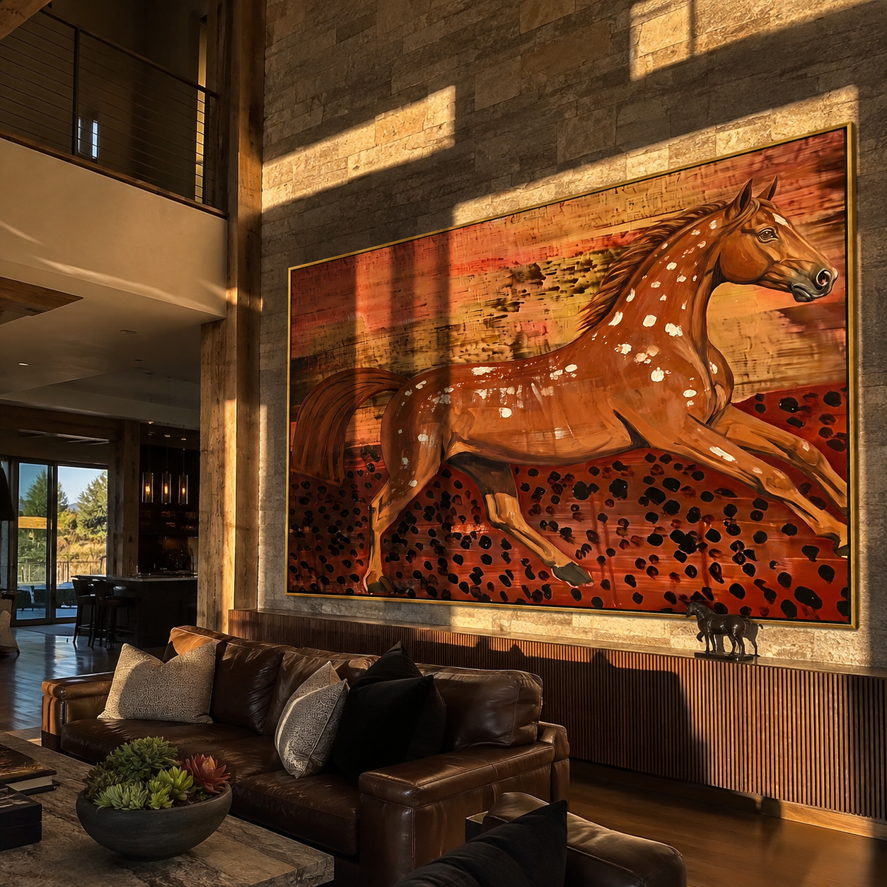 Chestnut Horse Runs through the Painted Dust - expressive running horse painting by Isabelle Laurent, modern Western horizontal wall art – styled room scene view 4