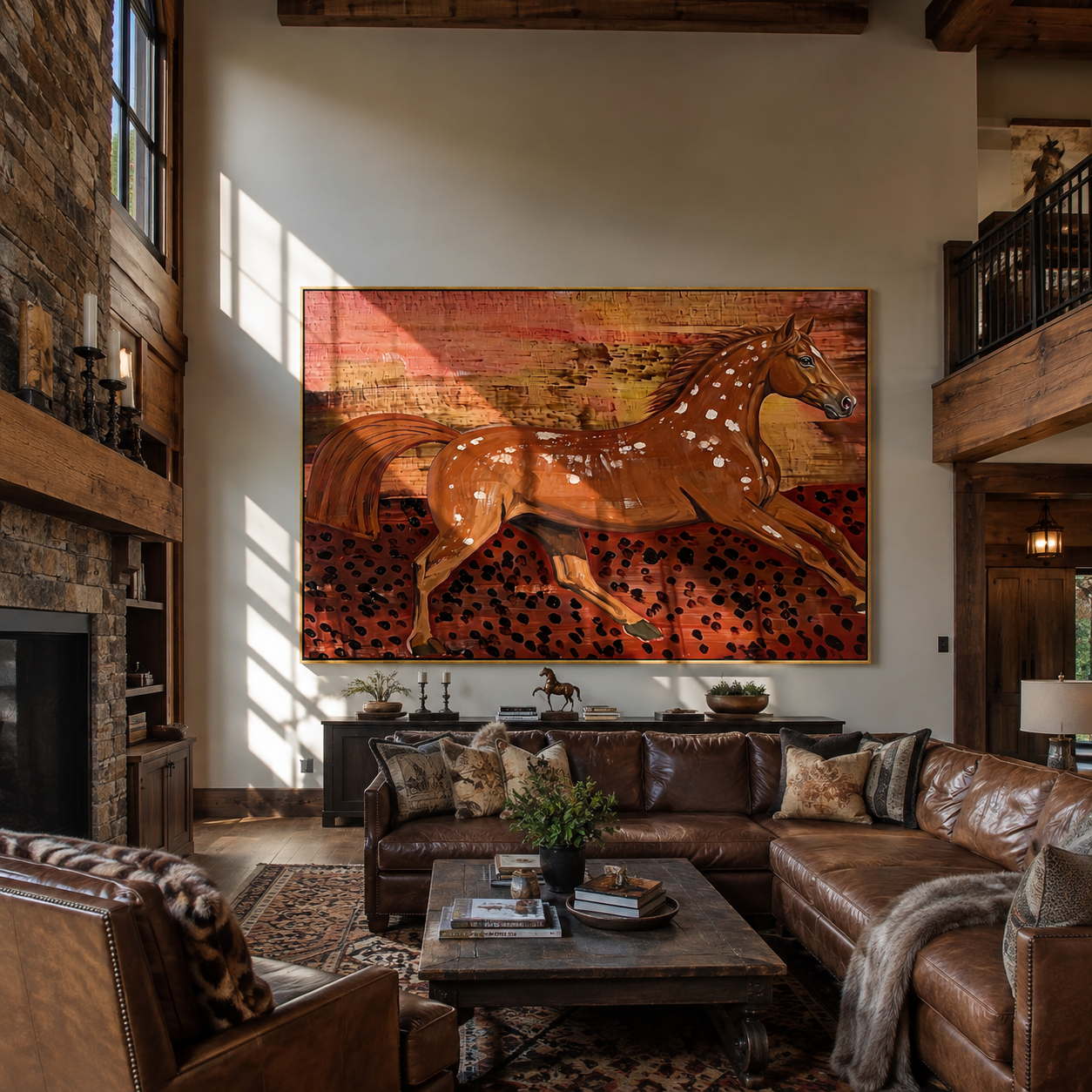 Chestnut Horse Runs through the Painted Dust - expressive running horse painting by Isabelle Laurent, modern Western horizontal wall art – styled room scene view 5