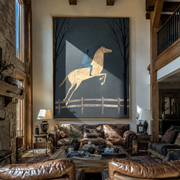 Blue Rider Leaps through the Night Trees - moonlit horse rider painting by Isabelle Laurent, modern Western vertical wall art – styled room scene view 1