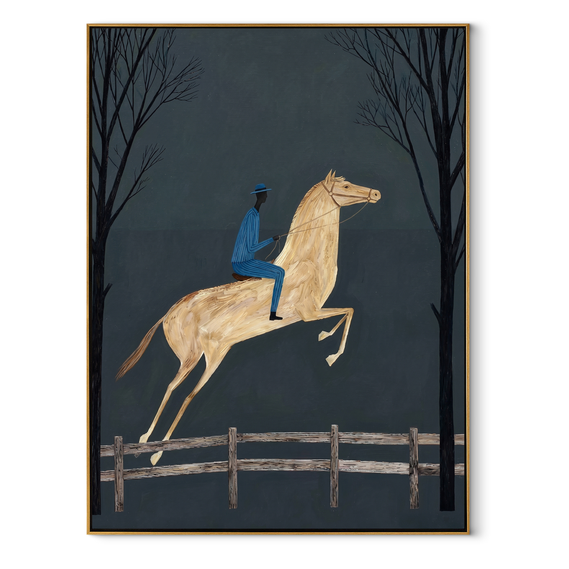 Blue Rider Leaps through the Night Trees - moonlit horse rider painting by Isabelle Laurent, modern Western vertical wall art – wood frame on white background
