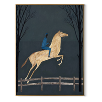 Blue Rider Leaps through the Night Trees - moonlit horse rider painting by Isabelle Laurent, modern Western vertical wall art – wood frame on white background
