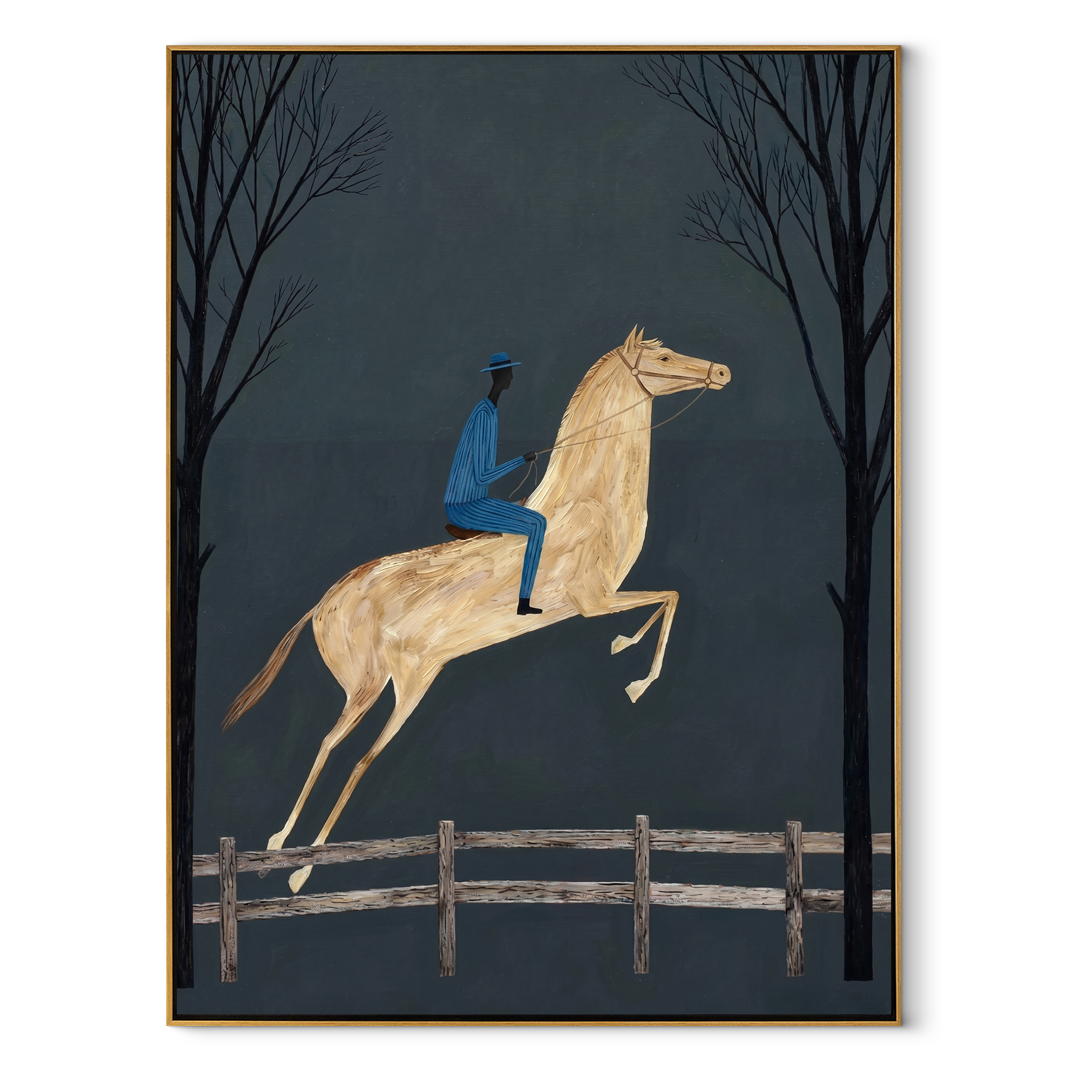 Blue Rider Leaps through the Night Trees - moonlit horse rider painting by Isabelle Laurent, modern Western vertical wall art – wood frame on white background