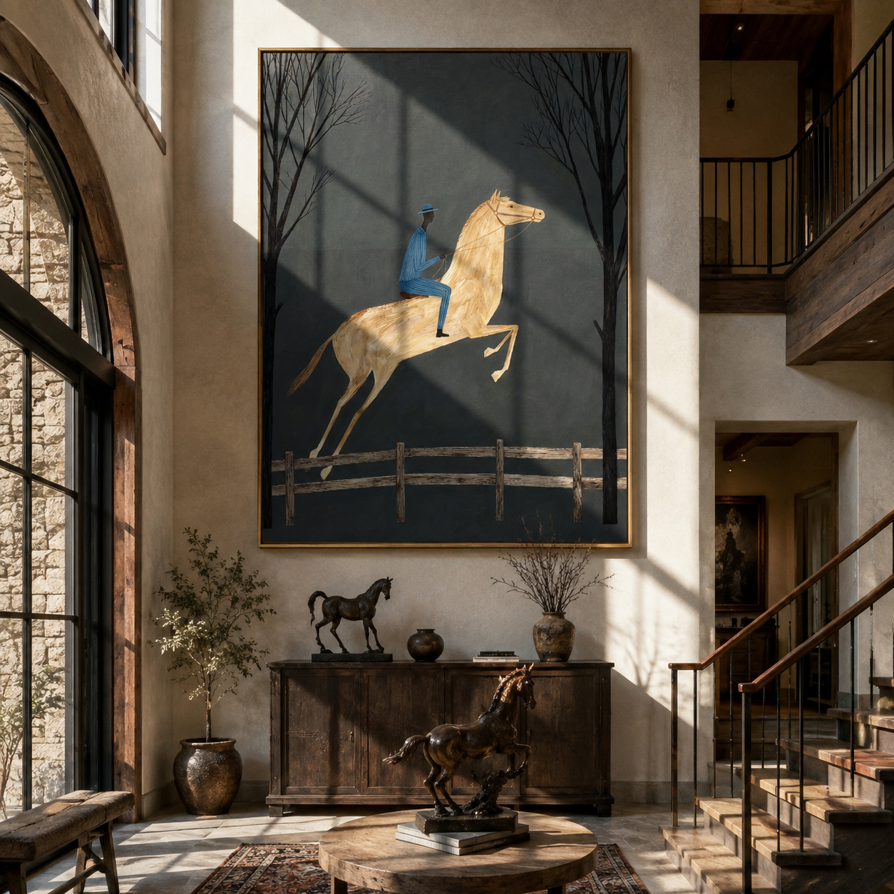 Blue Rider Leaps through the Night Trees - moonlit horse rider painting by Isabelle Laurent, modern Western vertical wall art – styled room scene view 2