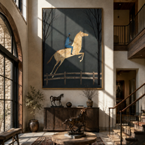 Blue Rider Leaps through the Night Trees - moonlit horse rider painting by Isabelle Laurent, modern Western vertical wall art – styled room scene view 2