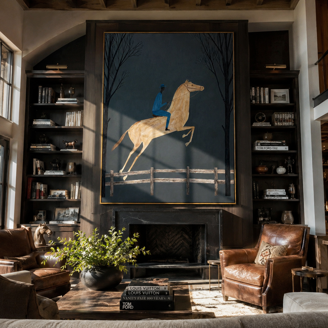Blue Rider Leaps through the Night Trees - moonlit horse rider painting by Isabelle Laurent, modern Western vertical wall art – styled room scene view 3