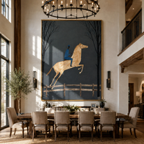Blue Rider Leaps through the Night Trees - moonlit horse rider painting by Isabelle Laurent, modern Western vertical wall art – styled room scene view 4