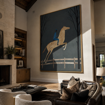 Blue Rider Leaps through the Night Trees - moonlit horse rider painting by Isabelle Laurent, modern Western vertical wall art – styled room scene view 5
