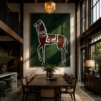 White Lines Hold the Brown Horse - graphic brown horse painting by Isabelle Laurent, modern Western vertical wall art – styled room scene view 1