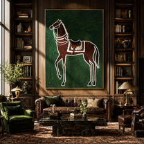 White Lines Hold the Brown Horse - graphic brown horse painting by Isabelle Laurent, modern Western vertical wall art – styled room scene view 2