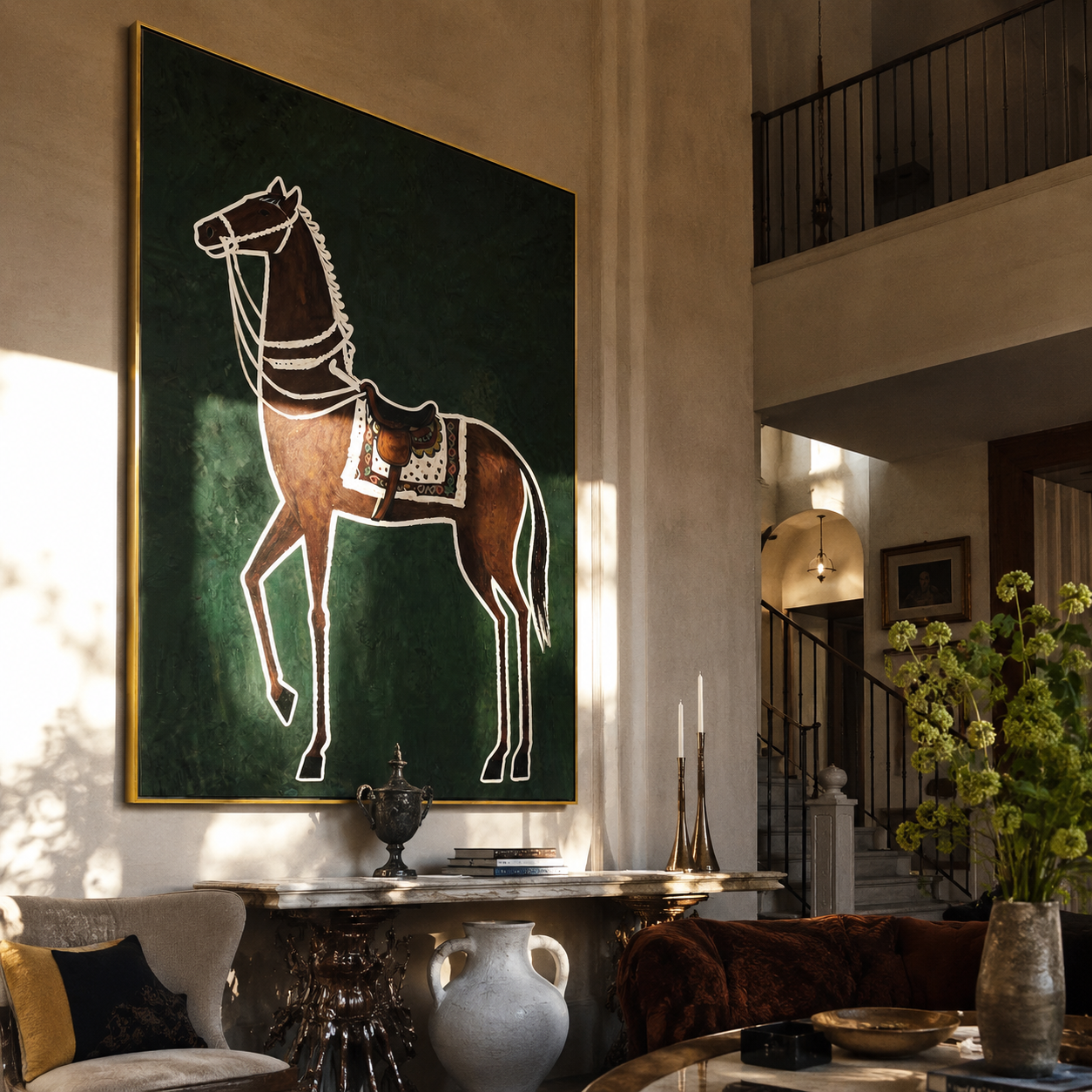 White Lines Hold the Brown Horse - graphic brown horse painting by Isabelle Laurent, modern Western vertical wall art – styled room scene view 3