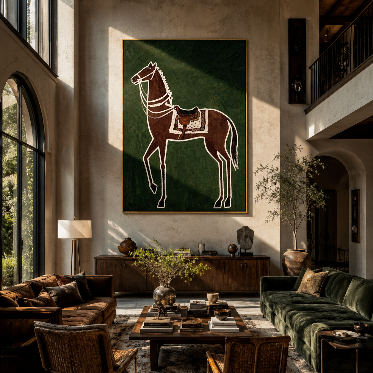 White Lines Hold the Brown Horse - graphic brown horse painting by Isabelle Laurent, modern Western vertical wall art – styled room scene view 4
