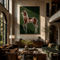 White Lines Hold the Brown Horse - graphic brown horse painting by Isabelle Laurent, modern Western vertical wall art – styled room scene view 4