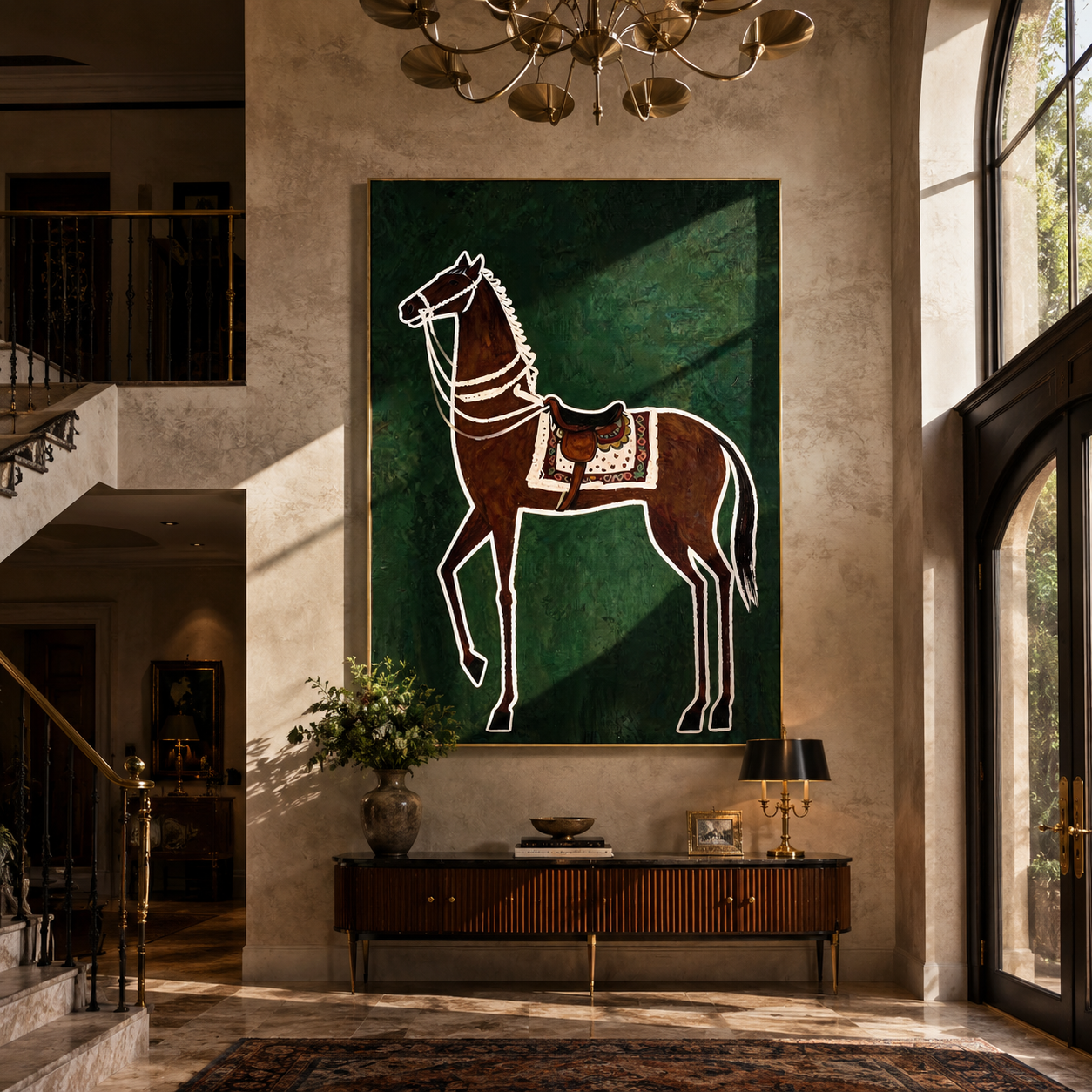 White Lines Hold the Brown Horse - graphic brown horse painting by Isabelle Laurent, modern Western vertical wall art – styled room scene view 5