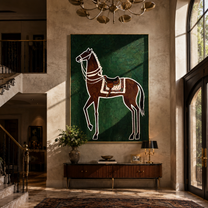 White Lines Hold the Brown Horse - graphic brown horse painting by Isabelle Laurent, modern Western vertical wall art – styled room scene view 5