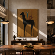 Two Blue Figures Balance on the Black Horse - equestrian balance painting by Isabelle Laurent, modern Western vertical wall art – styled room scene view 1