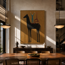 Two Blue Figures Balance on the Black Horse - equestrian balance painting by Isabelle Laurent, modern Western vertical wall art – styled room scene view 1