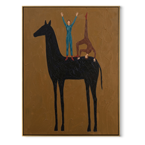 Two Blue Figures Balance on the Black Horse - equestrian balance painting by Isabelle Laurent, modern Western vertical wall art – wood frame on white background