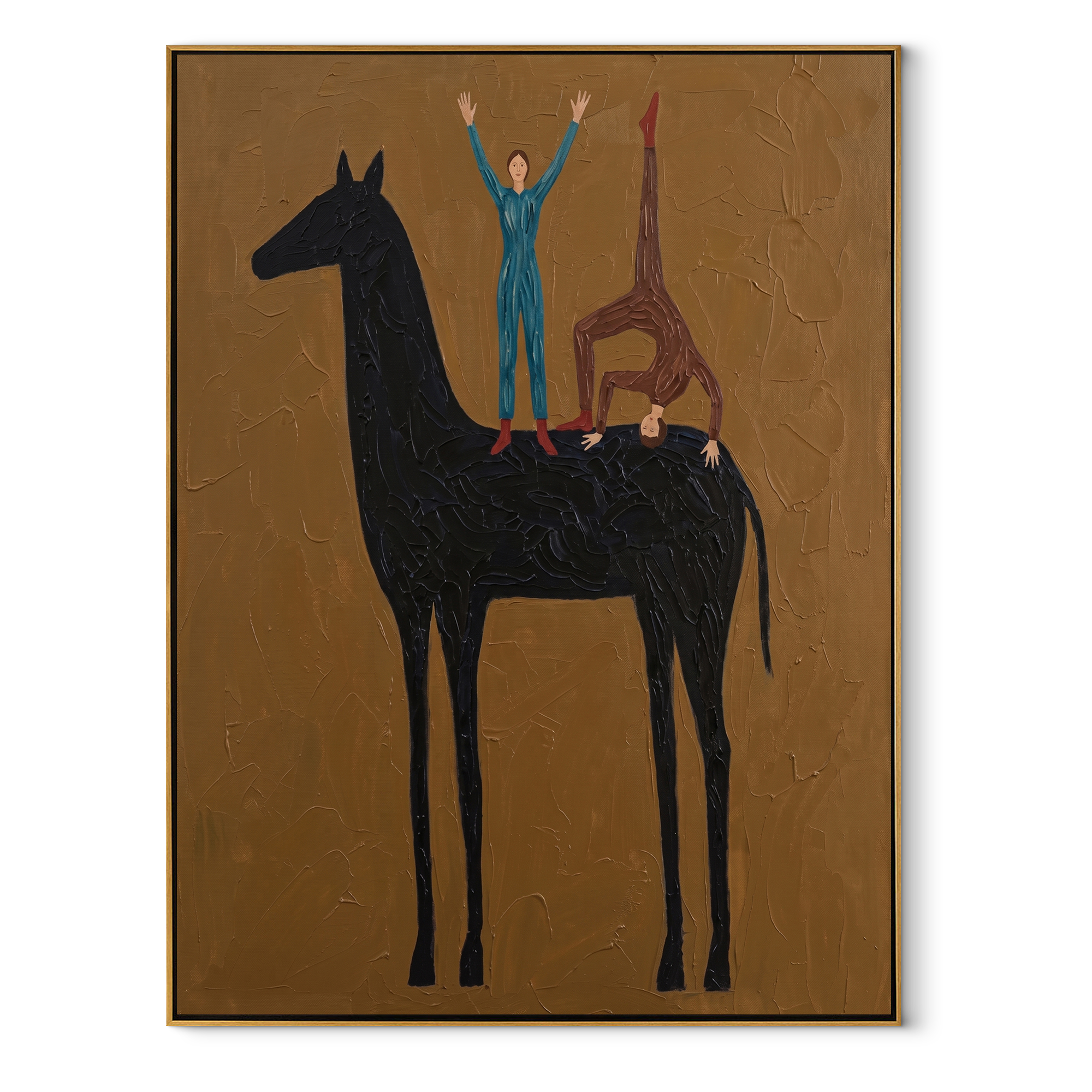 Two Blue Figures Balance on the Black Horse - equestrian balance painting by Isabelle Laurent, modern Western vertical wall art – wood frame on white background