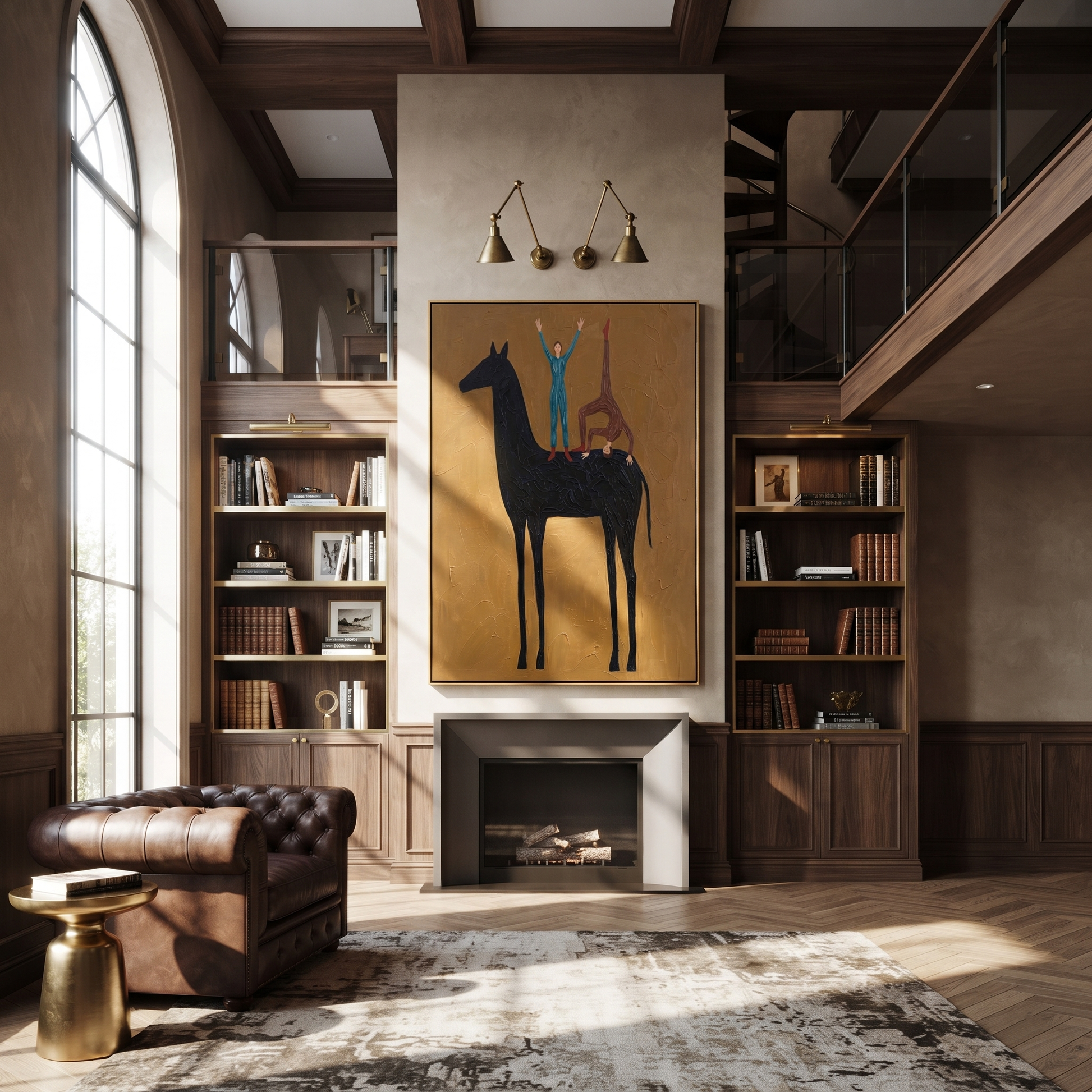 Two Blue Figures Balance on the Black Horse - equestrian balance painting by Isabelle Laurent, modern Western vertical wall art – styled room scene view 2